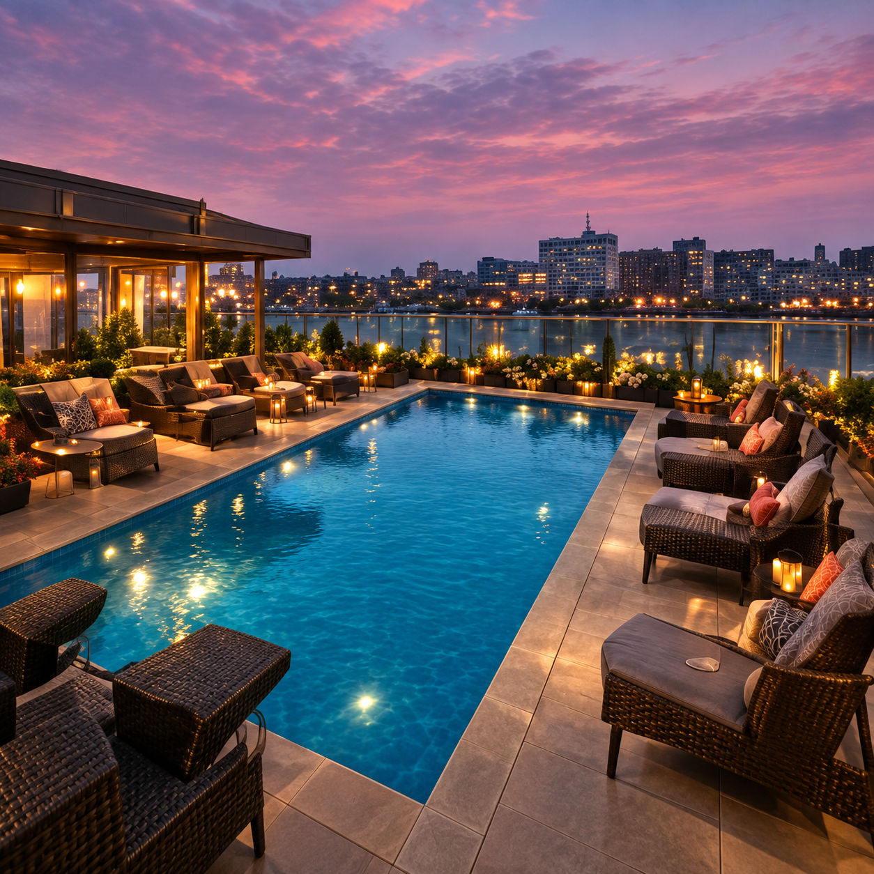 Rooftop Lounge and Open-Air Pool at Dusk